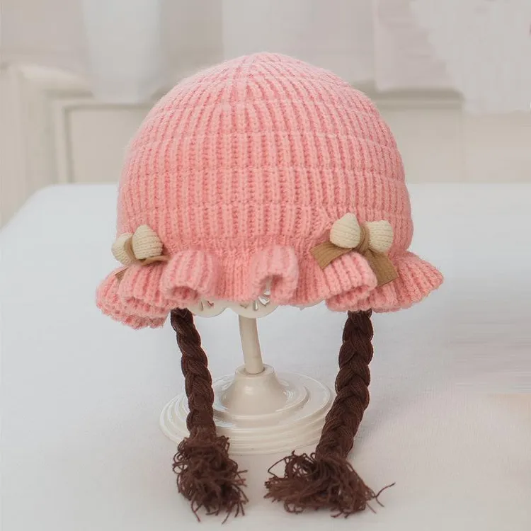 新生儿冬季超萌儿童男宝女宝毛线针织帽内里保暖加厚时尚辫子帽子