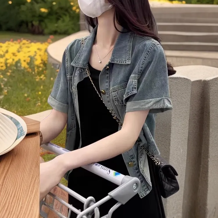 短袖牛仔外套女夏季新款搭配洋装美式复古休闲百搭薄款衬衫上衣女