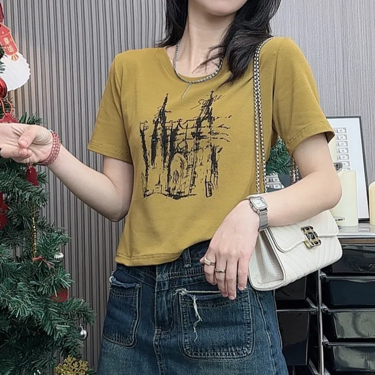 城堡线稿短袖t恤女休闲时尚夏季时尚设计正肩T恤别致圆领百搭显瘦