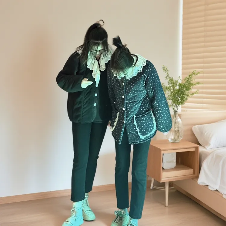 花边领口夹棉加绒可外穿冬季家居服套装简约舒适
