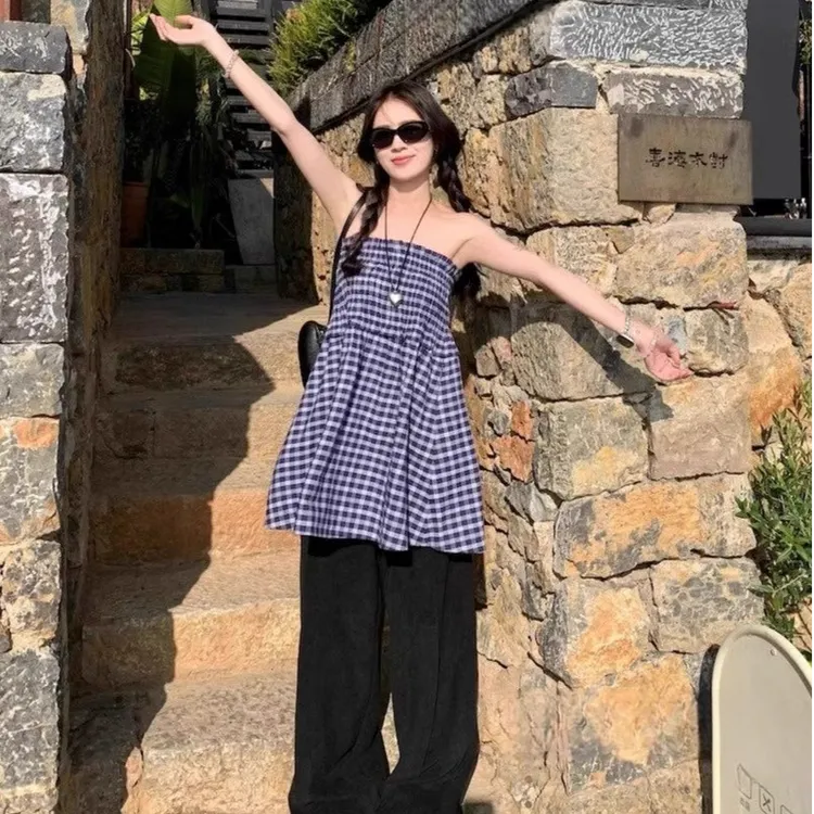 2025夏季新款蓝色格子法式抹胸半身裙外穿内搭两穿甜美小众上衣女