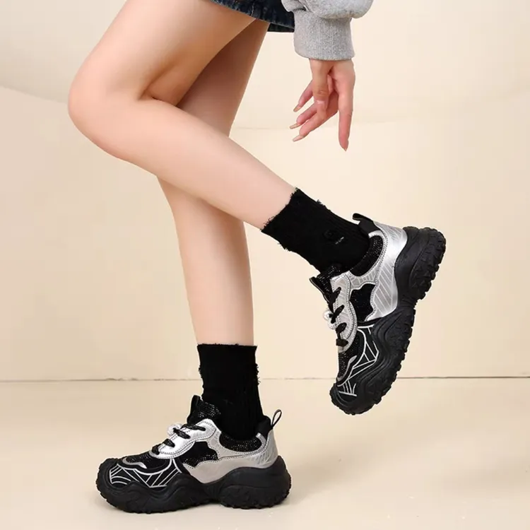 鞋女 2025 新款 软底 丑萌银色黑色老爹鞋户外徒步防滑轻便运动鞋