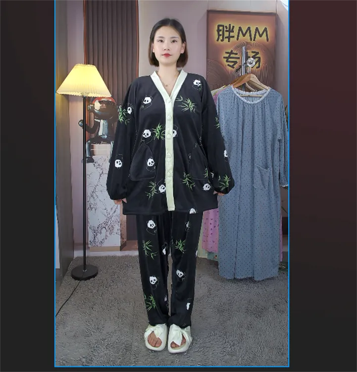 海岛绒开衫V领睡衣女加大码天鹅绒套装胖mm200斤宽松加绒家居服