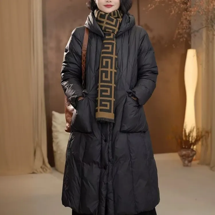 90%白鸭绒羽绒服女2024冬新款长款过膝连帽大码宽松加厚保暖外套 
