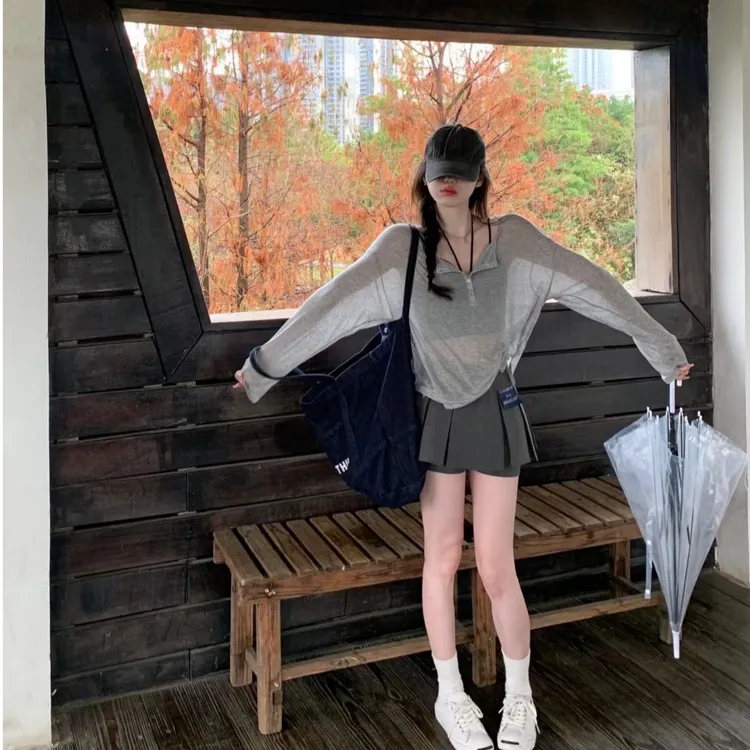 美式复古灰色长袖t恤罩衫女夏季2025新款配吊带外搭上衣空调衫潮