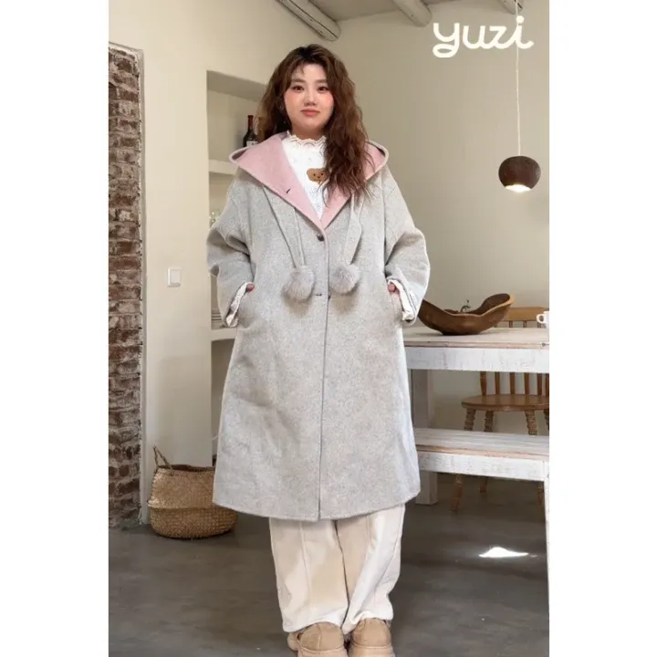 YUZI/鱼子韩版复古灰色毛球连帽双面羊毛大衣NY00143