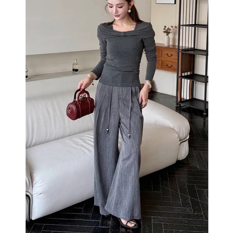 【早秋旋律】新款气质针织时尚精致设计感修身百搭纯色T恤上衣7512