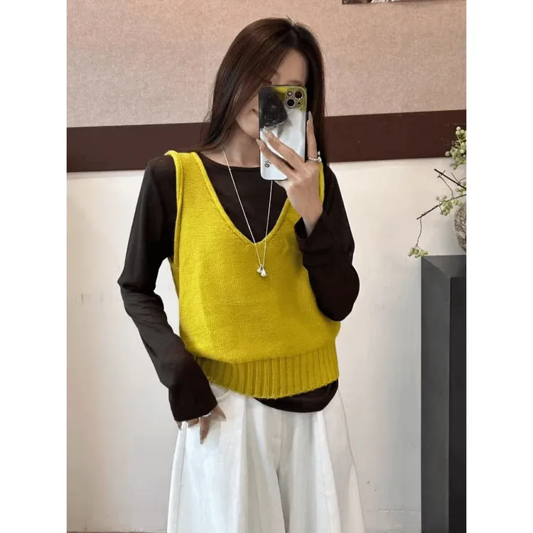 韩系设计感V领叠穿针织无袖马甲背心长袖T恤气质减龄时尚两件套女