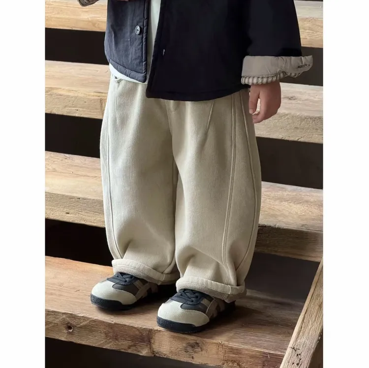 儿童加绒裤子秋冬新款男女童韩版加厚宽松弯刀裤中大童休闲长裤