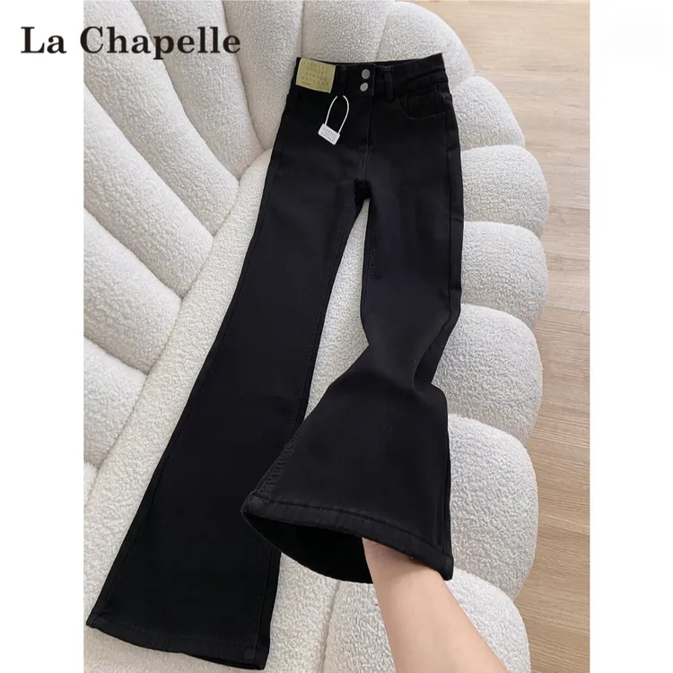 拉夏贝尔高腰加绒喇叭牛仔裤女2025冬季新款显瘦垂感微喇拖地裤子