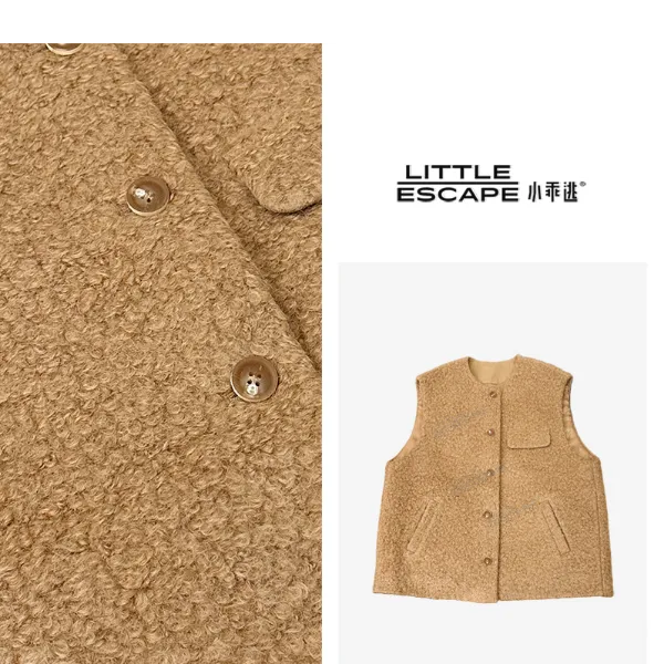 小乖逃休闲时尚咖色马甲卡其马海毛绒感复古潮流宽松款S25706