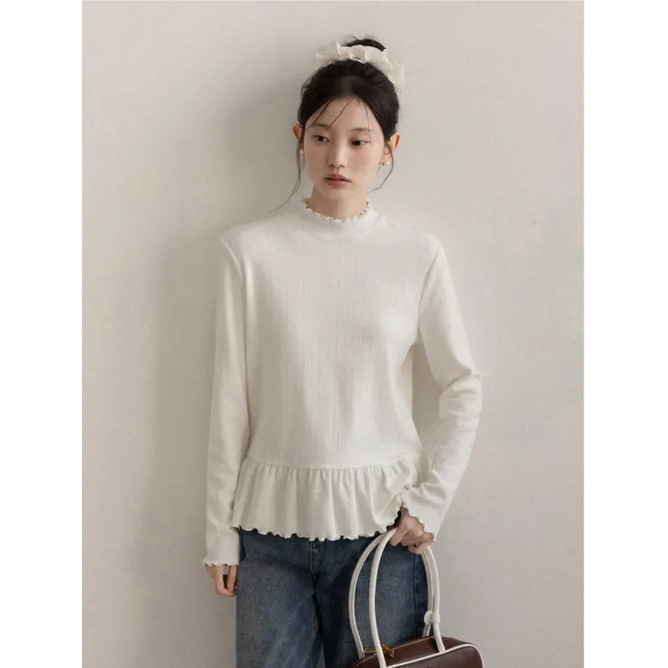 韩系白色内搭木耳边长袖t恤女秋冬高级感修身显瘦小立领打底上衣