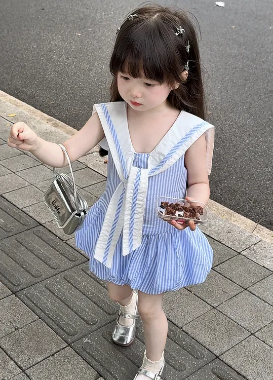 童裙2025夏新款学院风儿童海军领蓝白格花苞连衣裙女童无袖公主裙