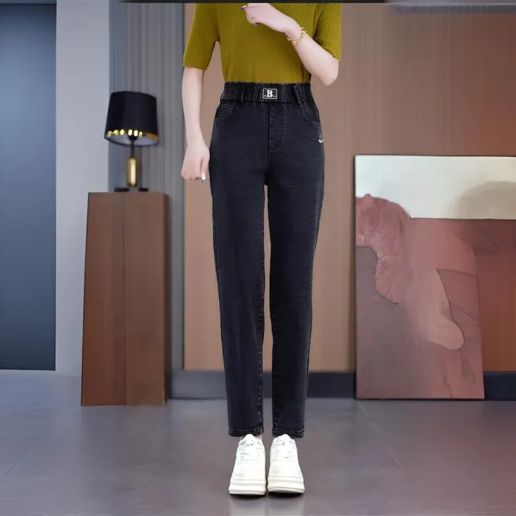 宽松显瘦牛仔裤女2025年秋季新款弹力高腰中年妈妈休闲哈伦裤子潮