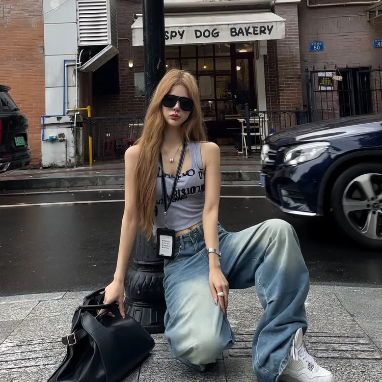 休闲风上衣直筒时尚套装阔腿复古宽松高腰裤子显瘦牛仔针织辣妹