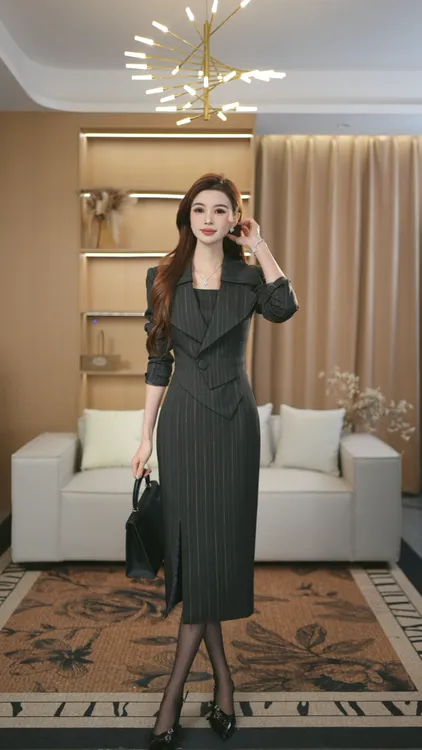 罗曼定制 原创设计秋季灰色条纹时尚中长款连衣裙女收腰气质高级