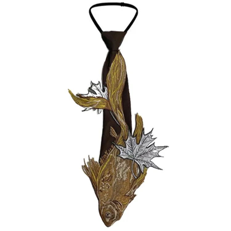 新中式配饰落叶鱼归领带搭配衬衫设计感原创小众刺绣咖色领带配饰