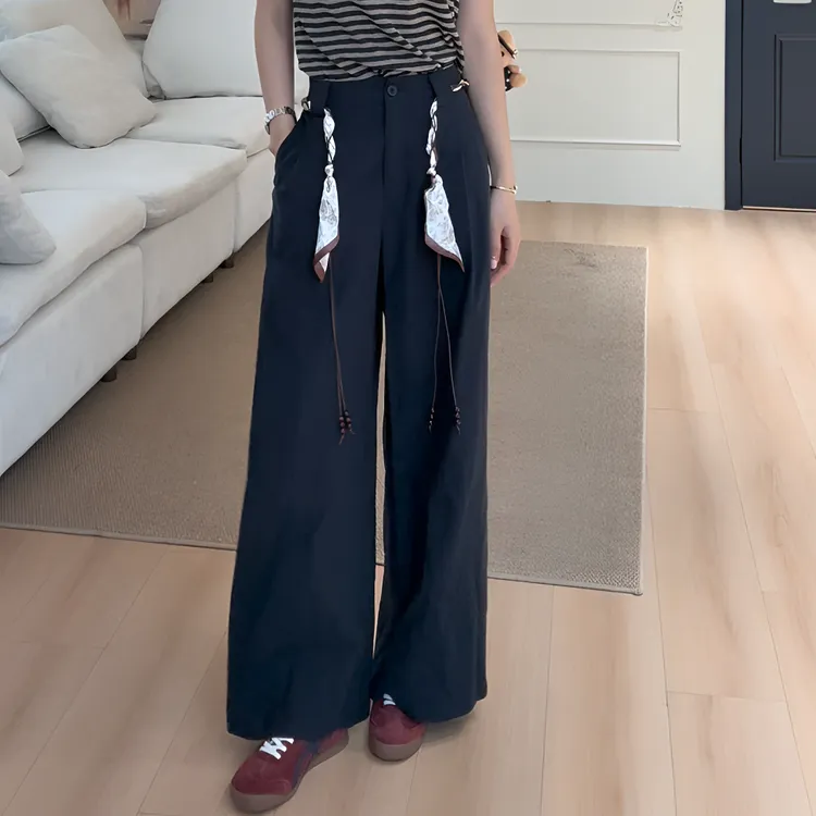 【YHH】早秋休闲时尚百搭显瘦编制腰带阔腿长裤-YHK50272