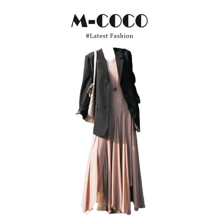 MARIE.COCO韩系高级感穿搭廓形翻领西装外套收腰网纱连衣裙两件套