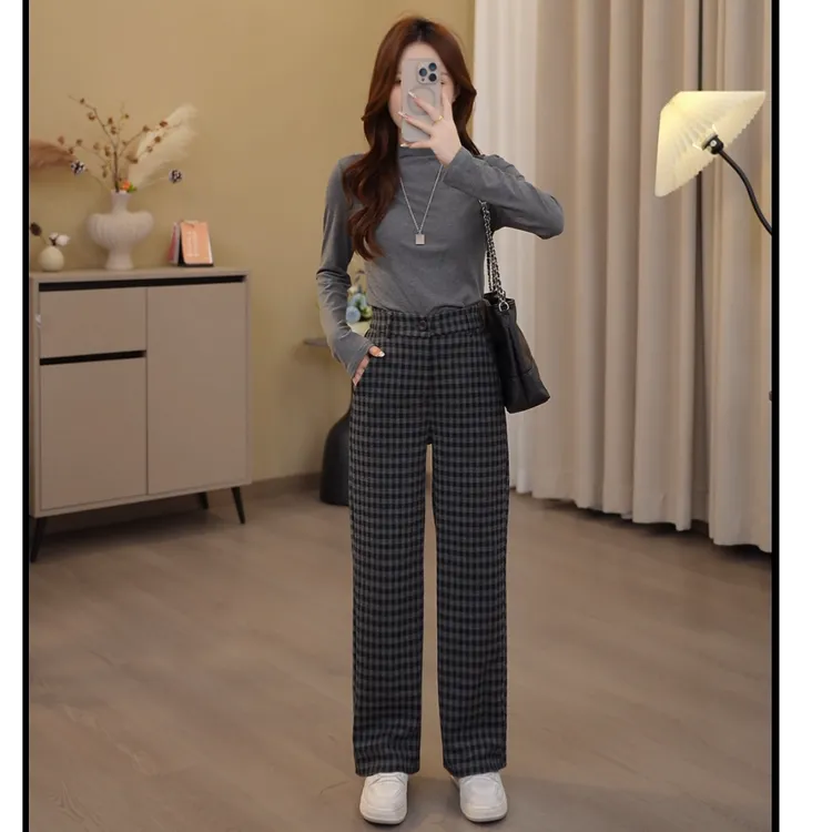 秋冬小个子棋盘格显瘦高腰宽松百搭加厚外穿裤子格纹休闲裤