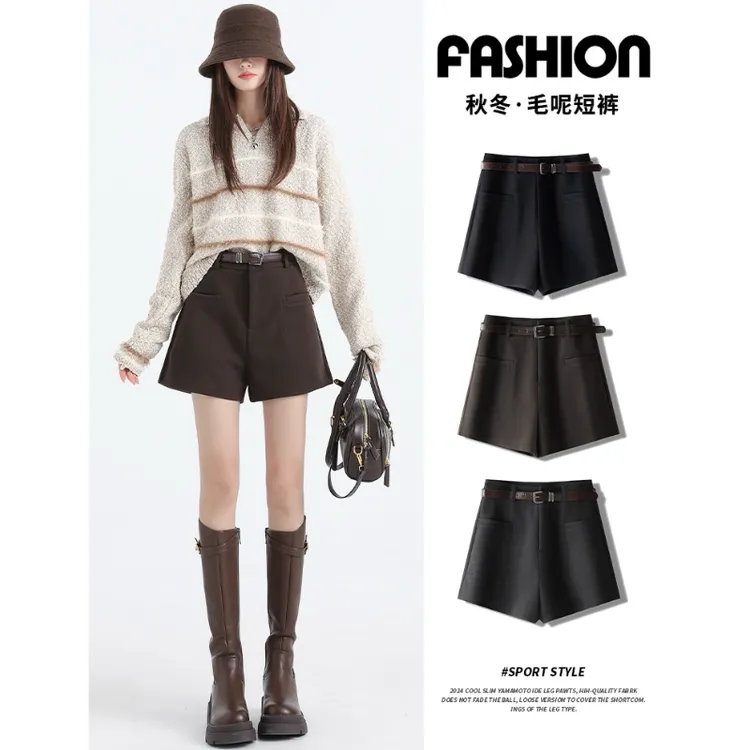 咖色毛呢短裤秋冬女a字大码高腰百搭外穿小个子五分显瘦休闲靴裤