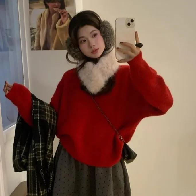 温柔软糯套头长袖毛衣女秋冬配毛领可拆卸纯色甜美圆领针织衫上衣