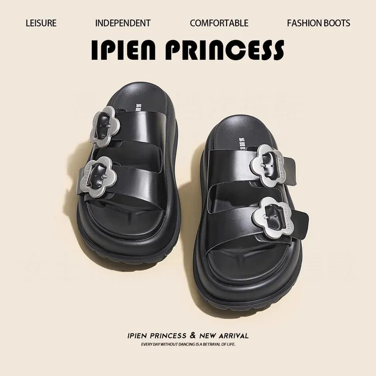 一脚蹬一字拖鞋轻便外穿增高露趾凉鞋2025夏季新款黑色厚底拖鞋女