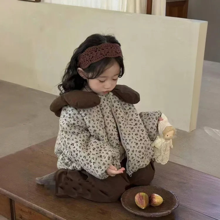 女童碎花棉袄夹棉外套25加厚洋气儿童花瓣领碎花棉服宝宝棉衣