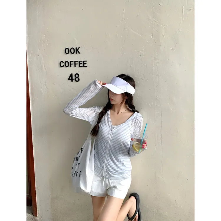 条纹拉链连帽上衣60125清冷系禅意衣服女