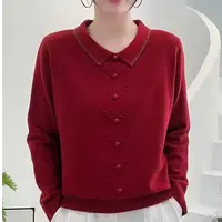 中老年女装T恤领碳灰钻长袖加厚常规款小衫8501