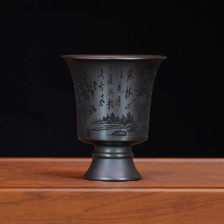 宜兴全手工原矿茶具正宗石黄朝花夕拾竹影精美创意高脚杯紫砂杯