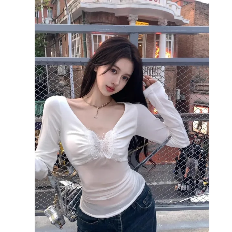 Not defined白色V领网纱正肩T恤女春夏季纯欲风修身显瘦长袖上衣