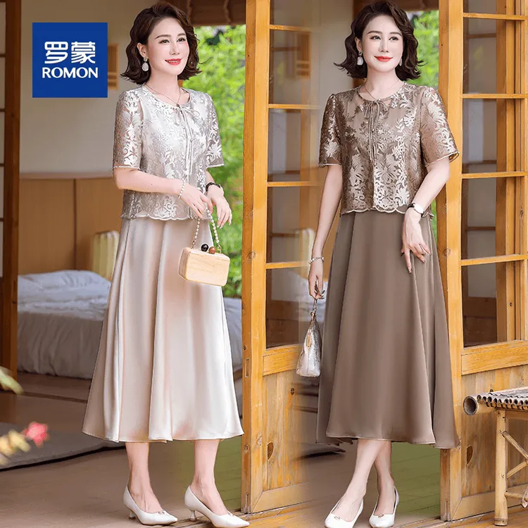 罗蒙夏季高贵时尚中老年连衣裙休闲百搭复古气质减龄妈妈装裙子女