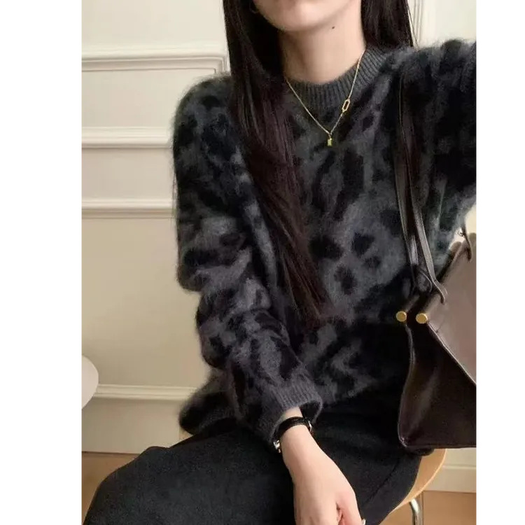 【运费补贴】欧货复古豹纹保暖毛衣外套女秋冬宽松短款小众针织开衫