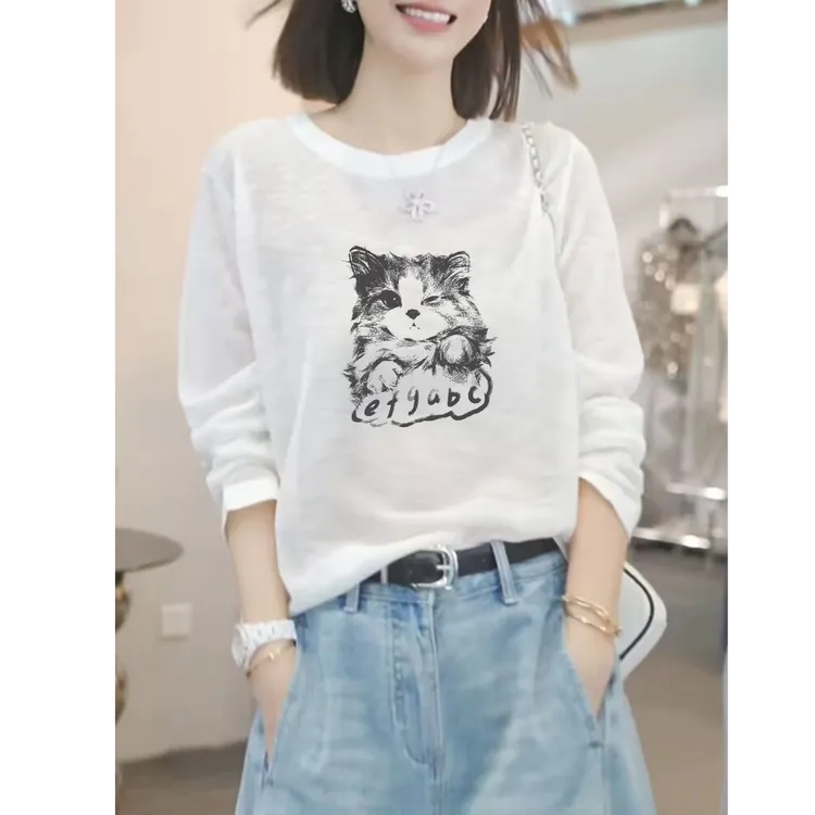 白色松弛感圆领雪花棉棉麻休闲长袖T恤女春秋冬内搭上衣打底衫潮