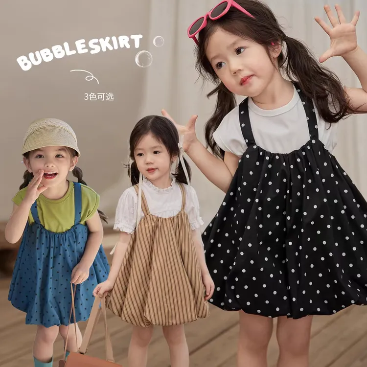 宝宝吊带背带裙女夏季新款儿童洋气花苞裙百搭圆点背带公主裙子潮
