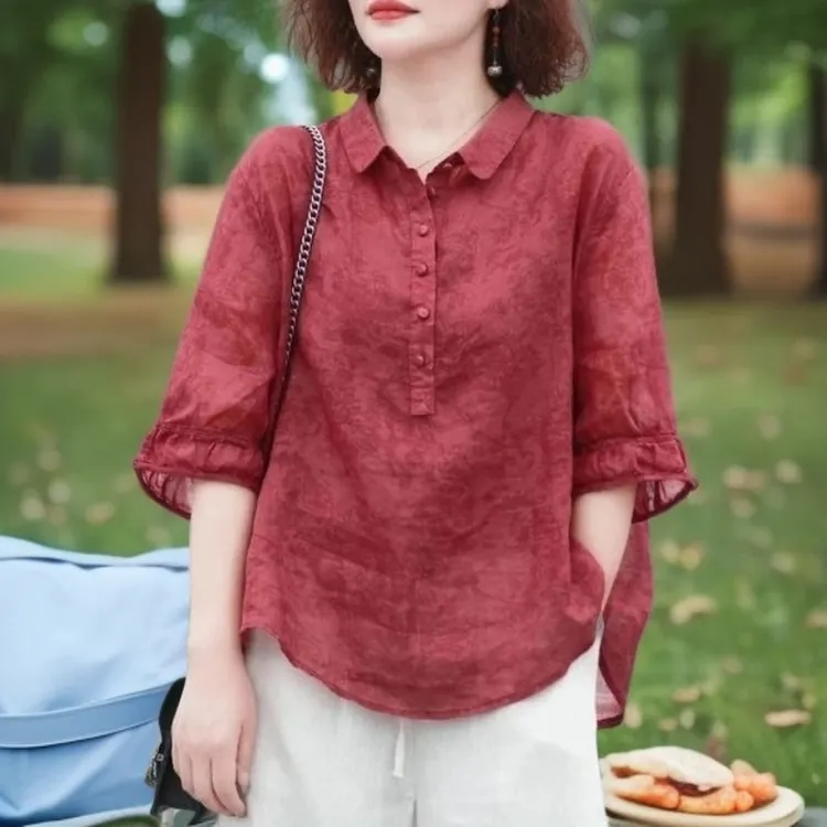 高端天丝苎麻麻棉短袖衬衫女士大码夏季宽松遮肚显瘦妈妈洋气上衣