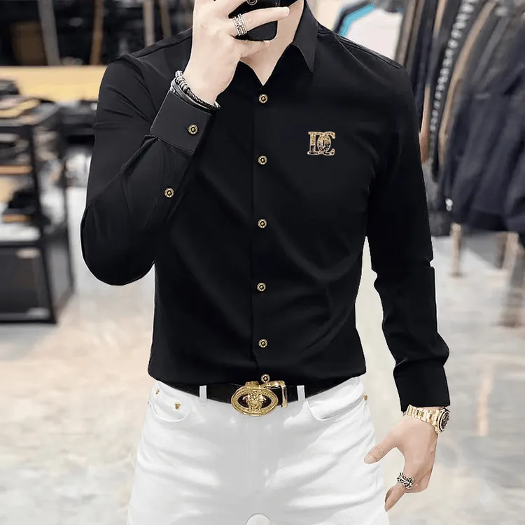 高端免烫抗皱衬衫男士长袖潮牌修身显瘦遮肉商务休闲无痕微弹衬衣