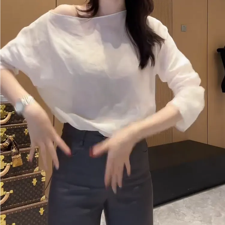 夏季老钱风斜肩通勤气质显瘦设计感外穿T恤长袖上衣C5790