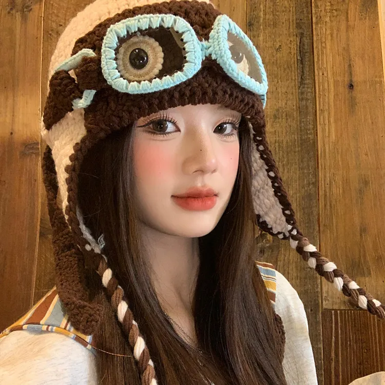 升级版～檀健次同款搞怪眼镜毛线帽女秋冬针织飞行帽保暖包头帽子