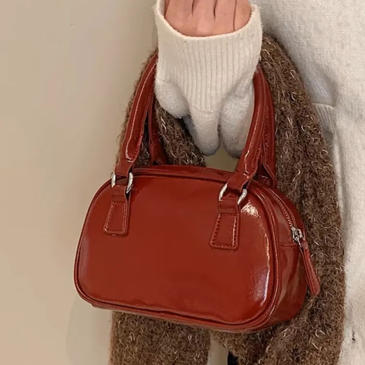 复古红色包包春夏女2025新款潮韩国手提保龄球包百搭斜挎包小方包