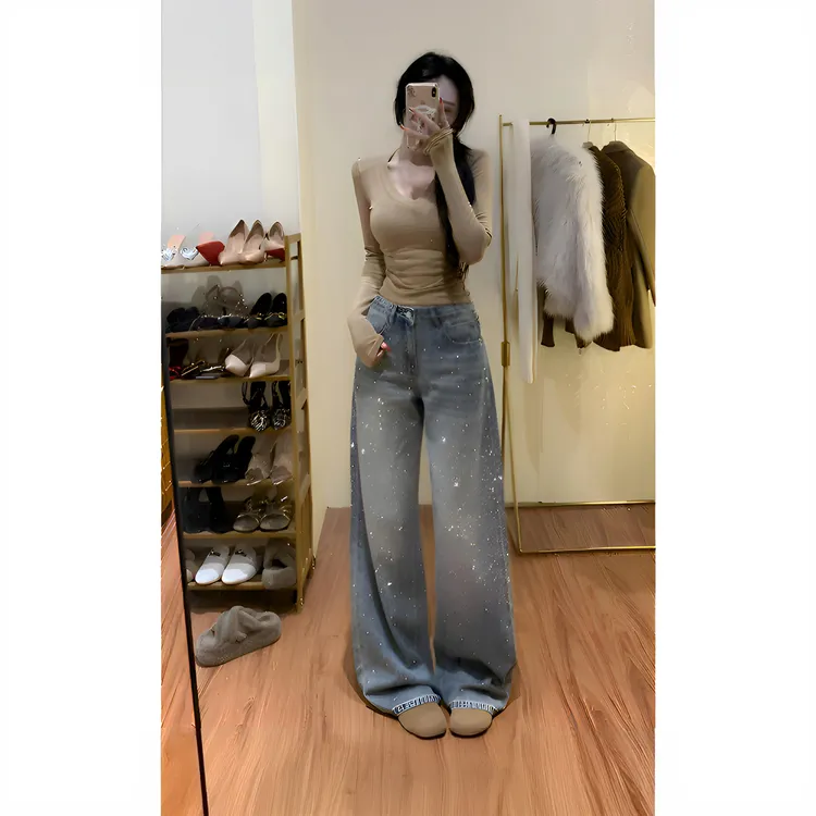 【璀璨星河】加绒烫钻牛仔裤2025冬季女款高腰显瘦阔腿堆堆裤