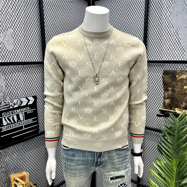 欧洲站高端轻奢提花套头毛衣男士秋冬装新款潮流修身针织衫毛线衣