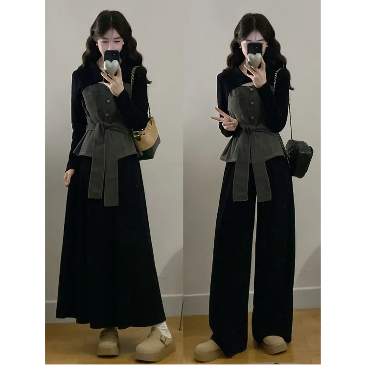 大码女装胖mm新款时尚气质设计感牛仔拼接上衣+半裙裤子套装