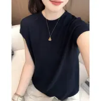丽丽家~卷边领藏青短袖显瘦时尚百搭夏季宽松纯色圆领上衣