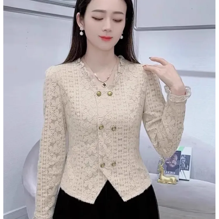 2025秋季新款法式时尚蕾丝V领衬衫女洋气质减龄显瘦百搭长袖上衣