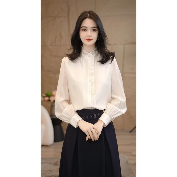 【小陈甄选】流光风8591095米白色衬衫女长袖轻奢法式气质衬衣时尚
