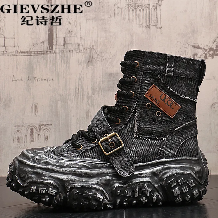 纪诗哲男士牛仔靴厚底增高百搭高帮鞋秋冬新款潮流时尚休闲马丁靴
