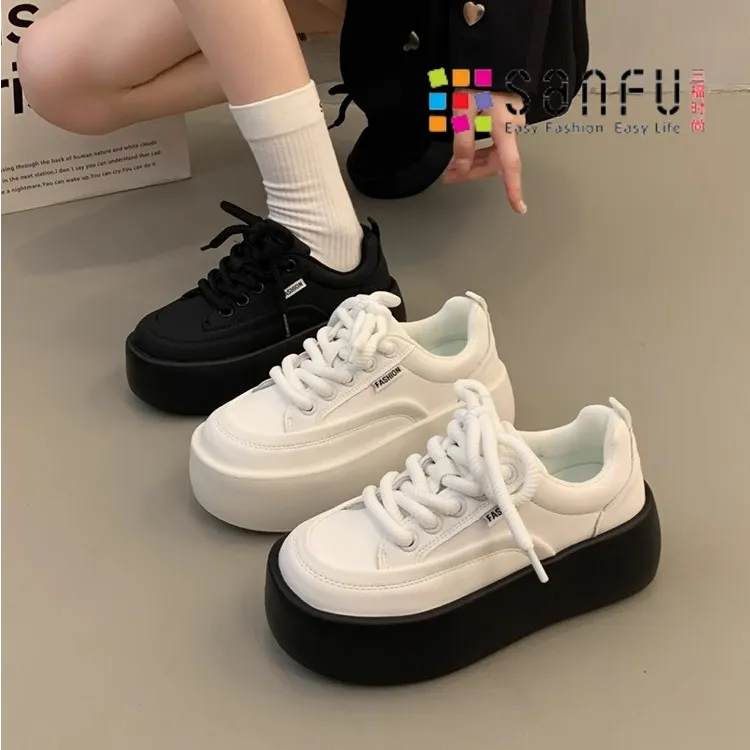 三福增高小白鞋女2025新款春秋季小众松糕厚底板鞋百搭休闲运动鞋