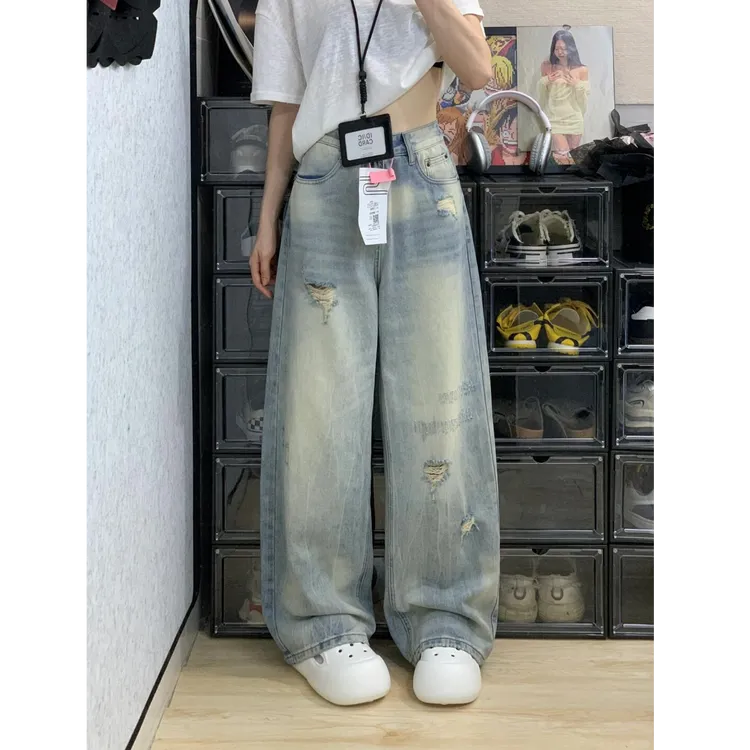 复古港风水洗做旧阔腿牛仔裤女秋季新款破洞拖地裤宽松垂感显瘦